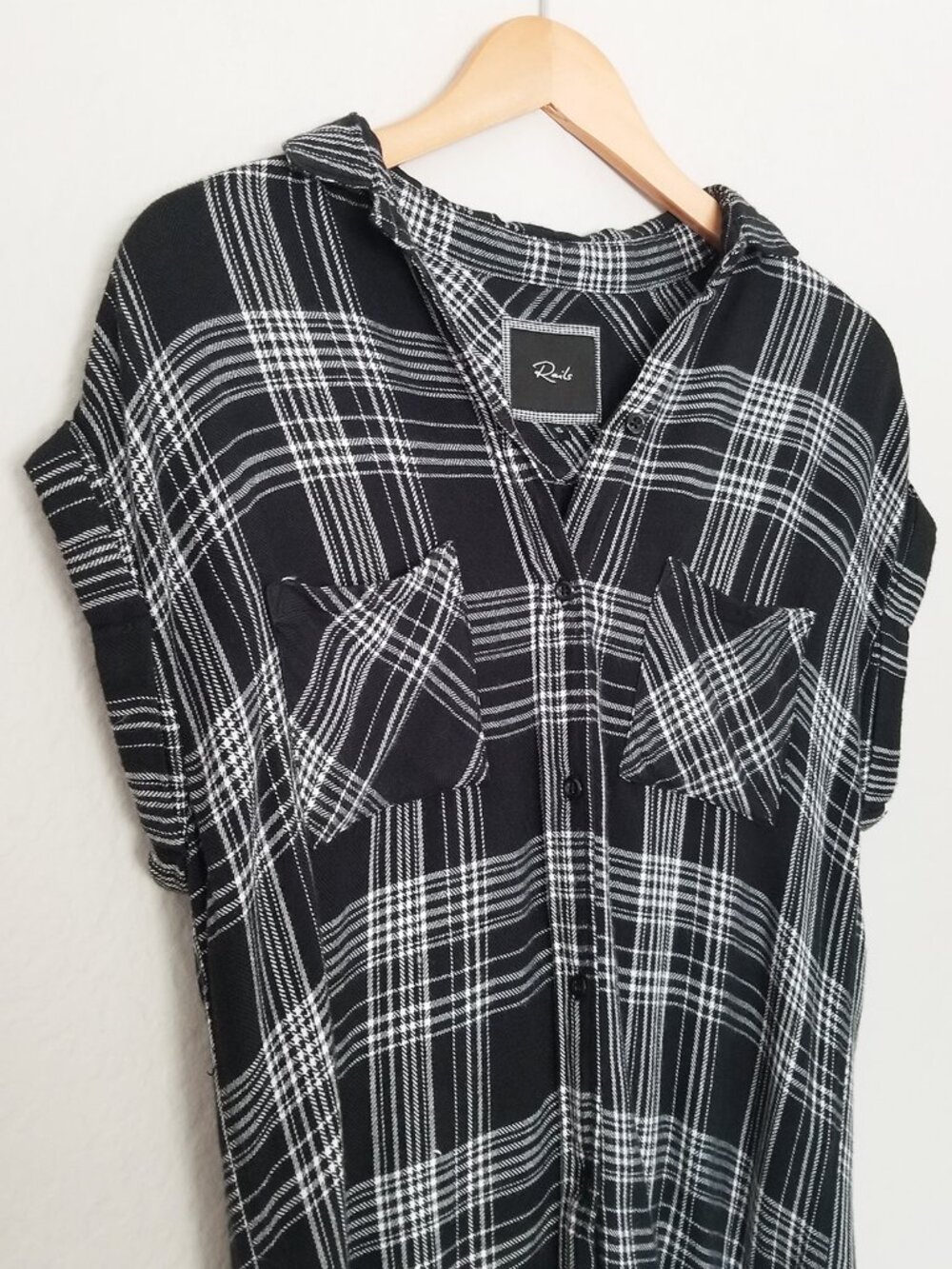 Rails Britt Cap Sleeves Flannel Shirt Button Down Top Black White Size XS $128 - Picture 13 of 15